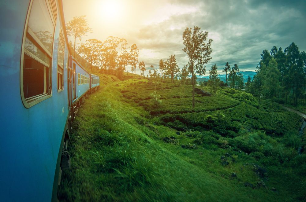 train in sri lanka with sunset